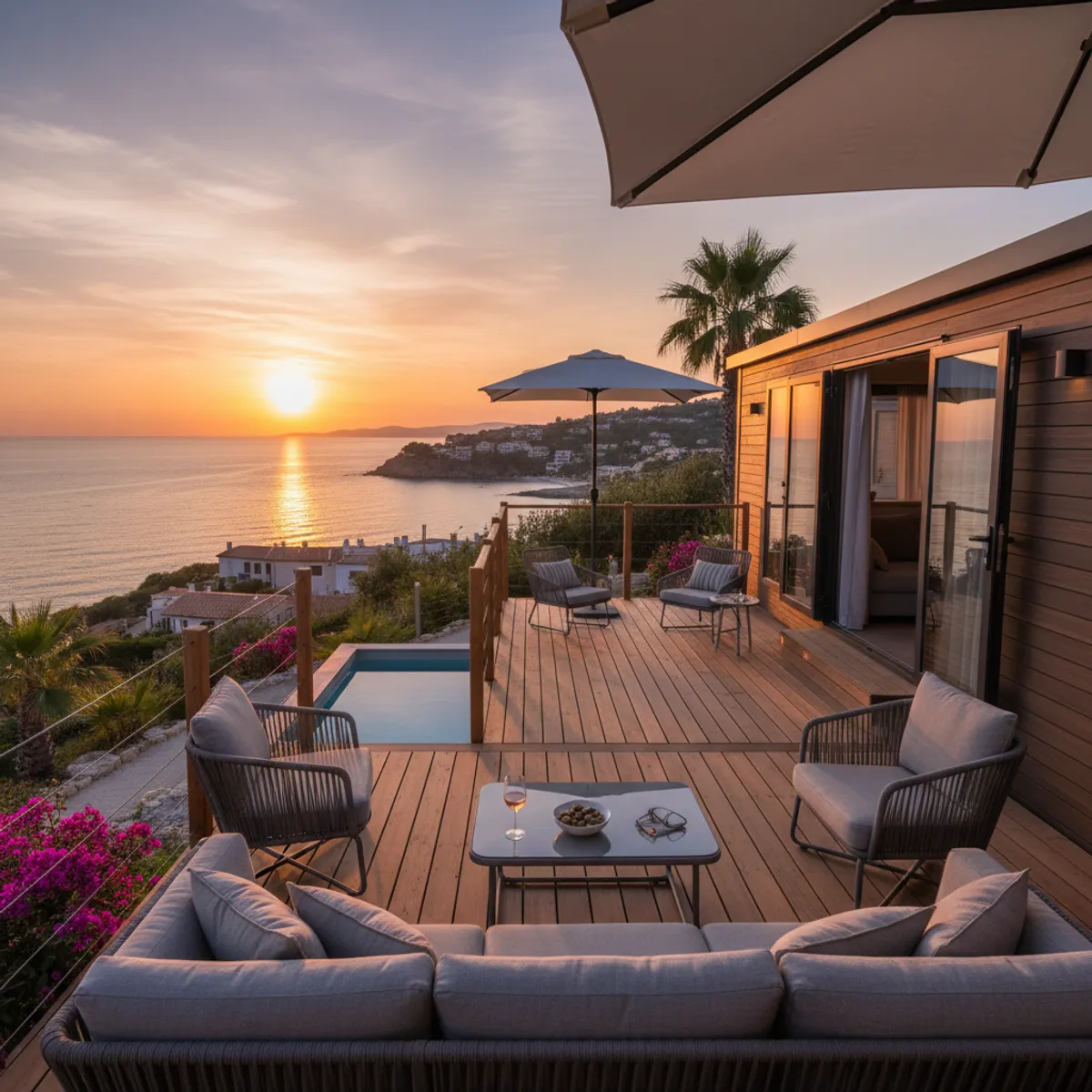 Mobil-home premium avec terrasse face mer camping 5 étoiles Côte d'Azur