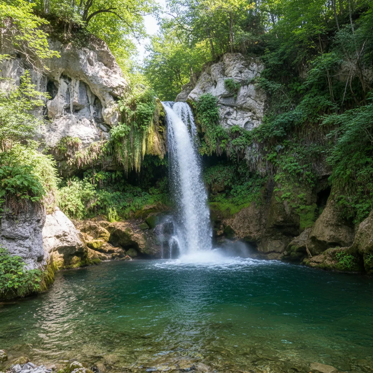 Cascades des gorges du Loup avec rivière turquoise serpentant entre les falaises calcaires
