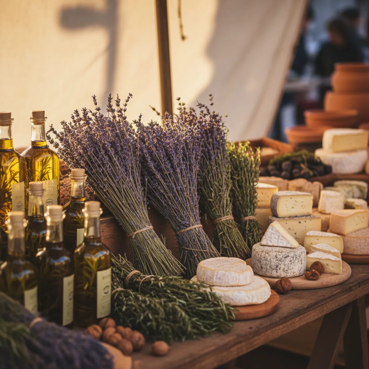 Produits du terroir provençal exposés sur un marché : olives luisantes, fromages de chèvre et herbes de Provence