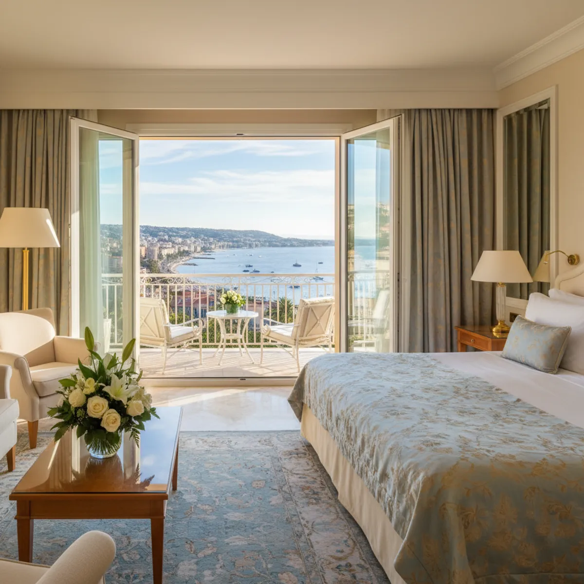 Chambre élégante de boutique-hôtel niçois avec balcon et vue sur les toits du Vieux-Nice