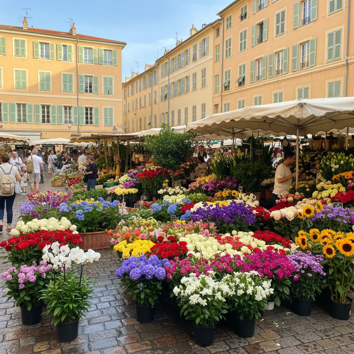 Ruelles colorées du Vieux-Nice avec le marché du cours Saleya en arrière-plan