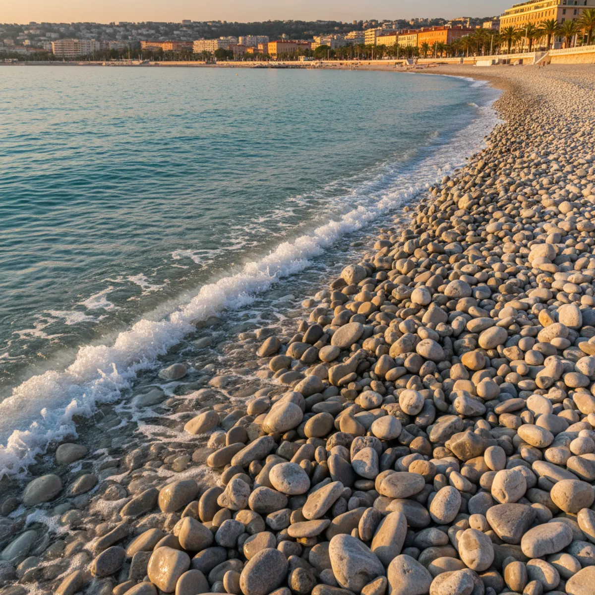 Détail d'une plage privée de Nice avec transats élégants et parasols face à la Méditerranée