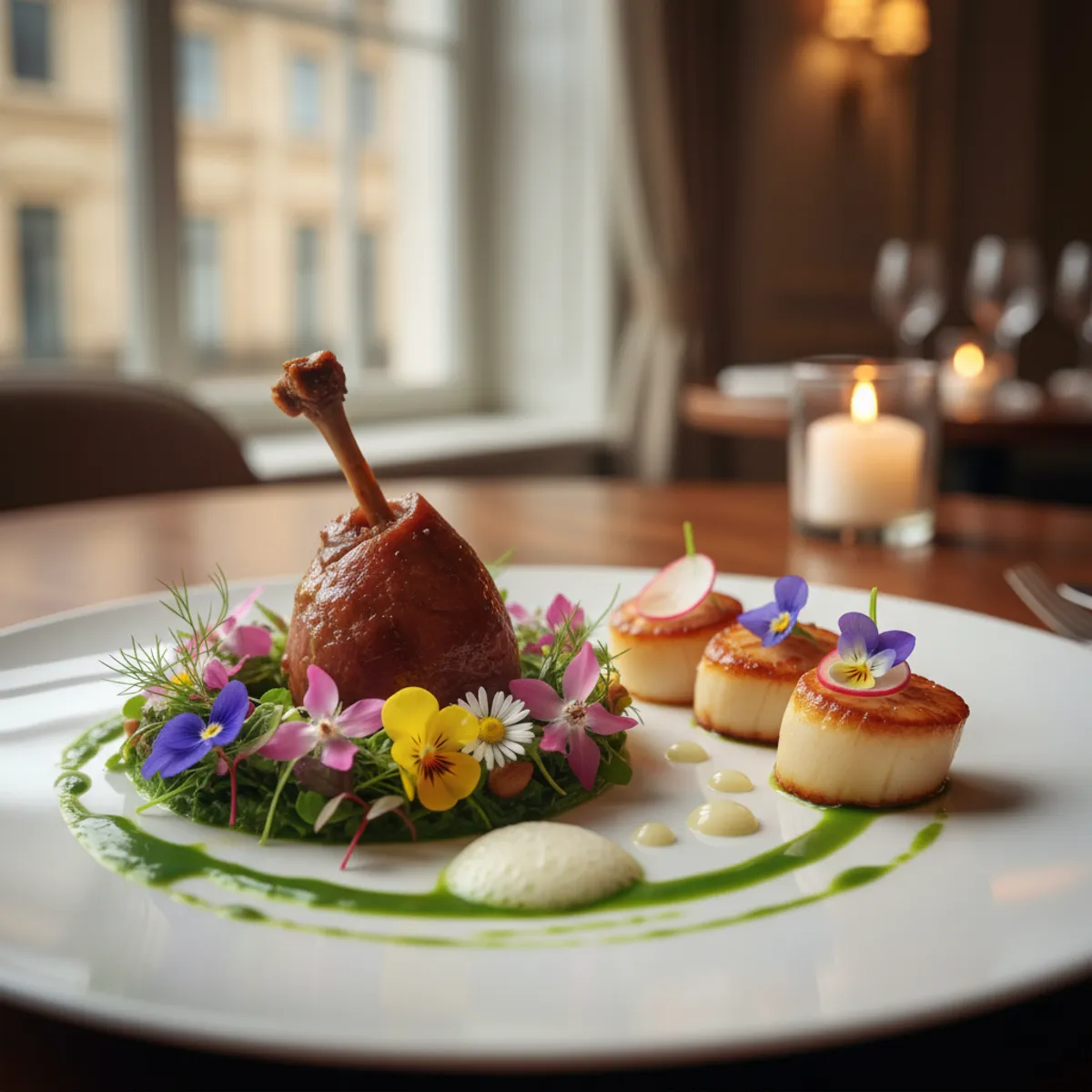 Salle élégante d'un restaurant étoilé de la Riviera française avec tables dressées et vue sur la mer
