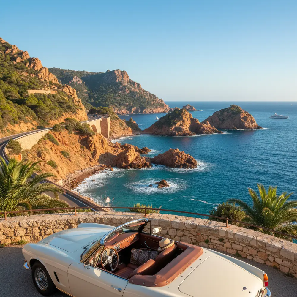 Cabriolet sur la route des Calanques Esterel rochers rouges Côte d'Azur