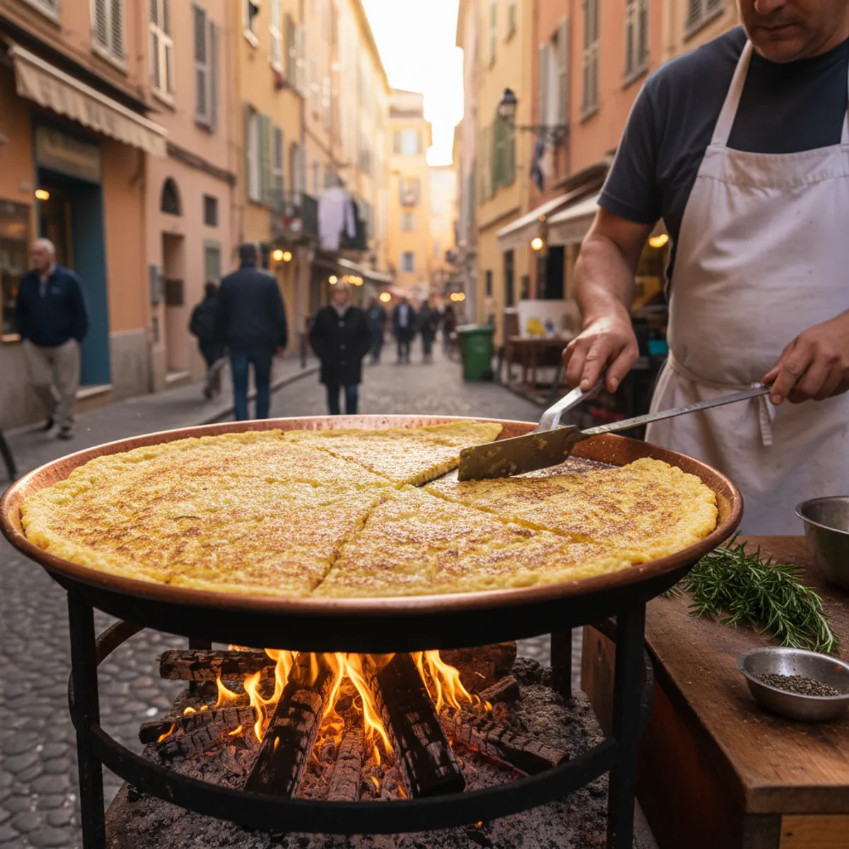 Socca niçoise dorée sortant du four à bois cuisine traditionnelle Nice