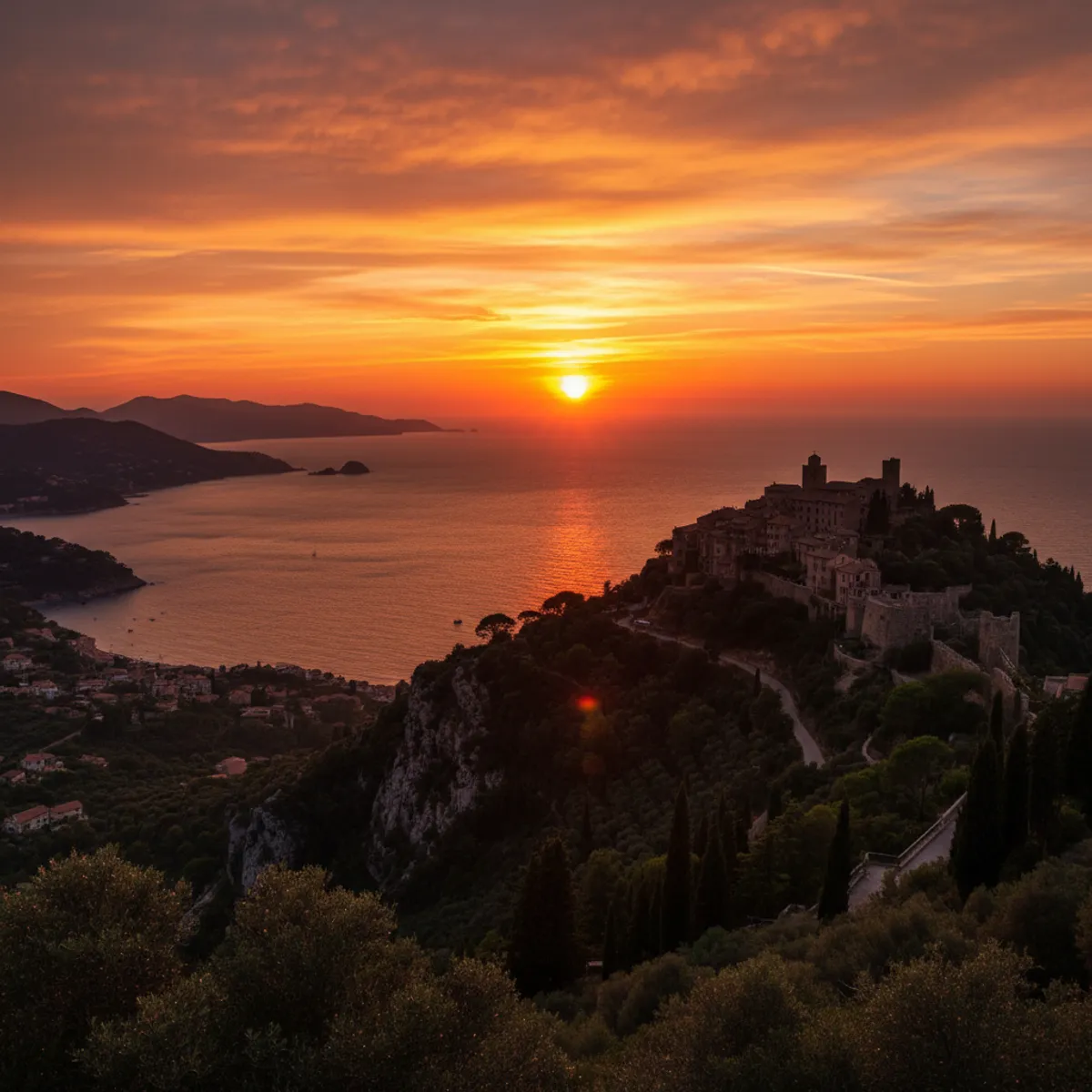 Silhouette d'un village perché de la Côte d'Azur au coucher du soleil panorama