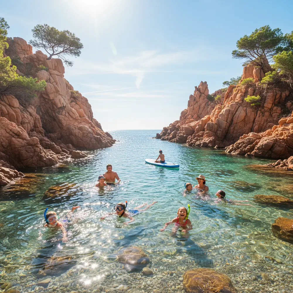 Enfants jouant dans une calanque turquoise de l'Esterel Côte d'Azur