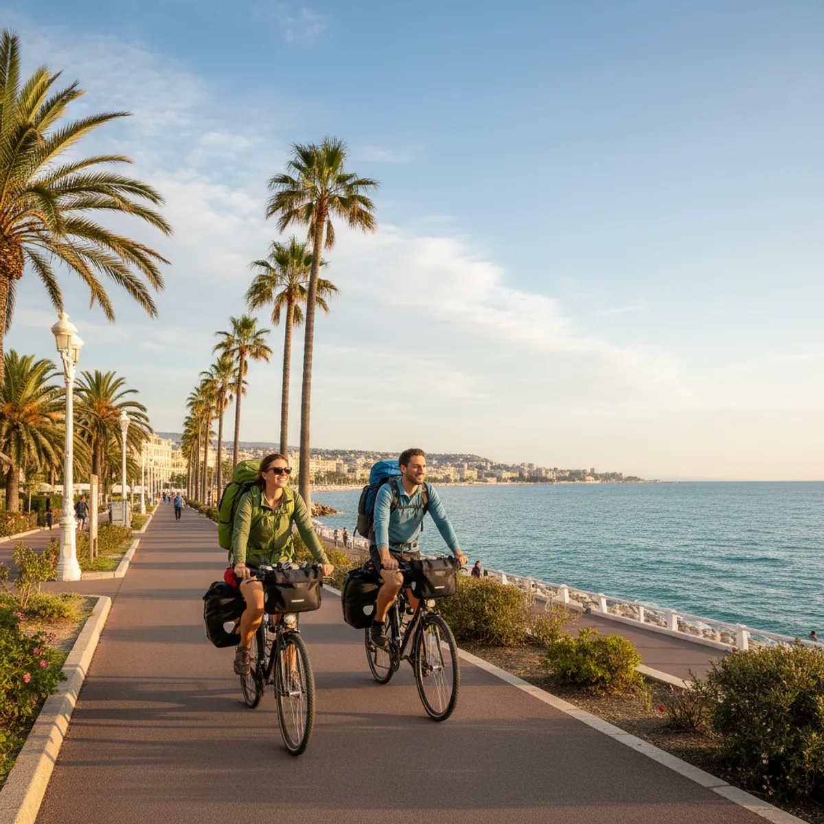 Voyageurs avec sac à dos et vélo sur la Promenade des Anglais Nice transport économique