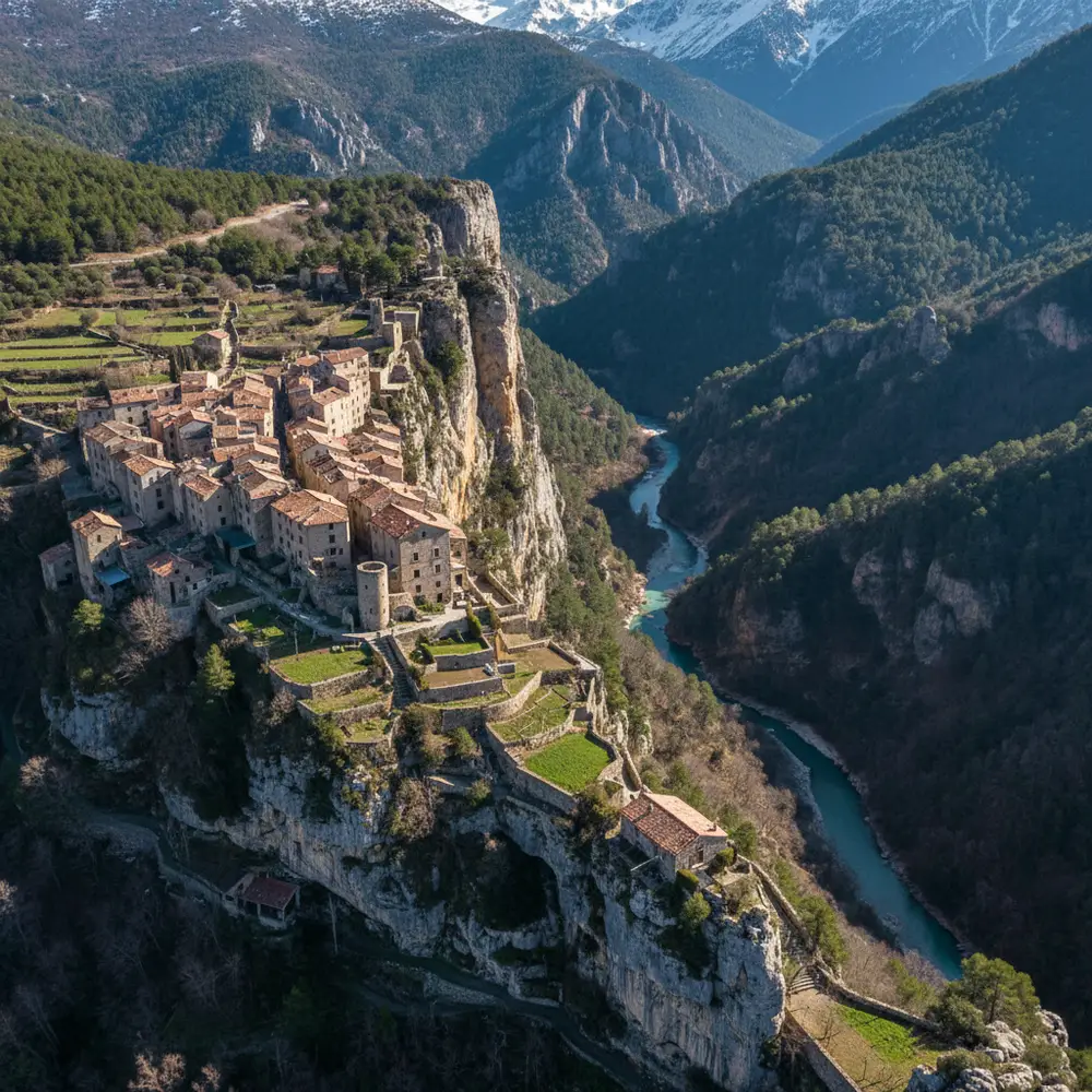 Vue aérienne d'un village perché du Mercantour maisons en terrasses arrière-pays niçois