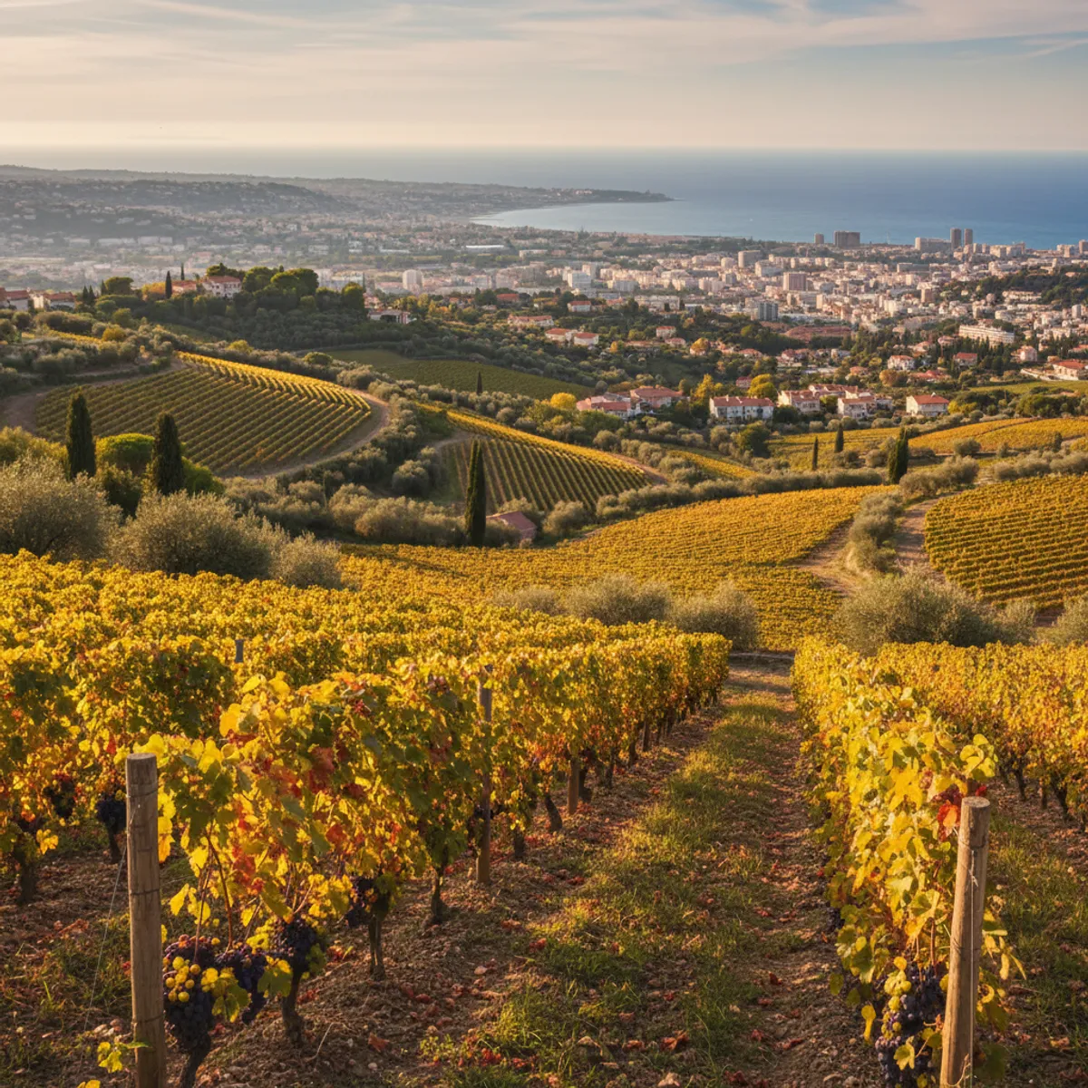 Vignoble de Bellet sur les collines de Nice vue sur mer Méditerranée