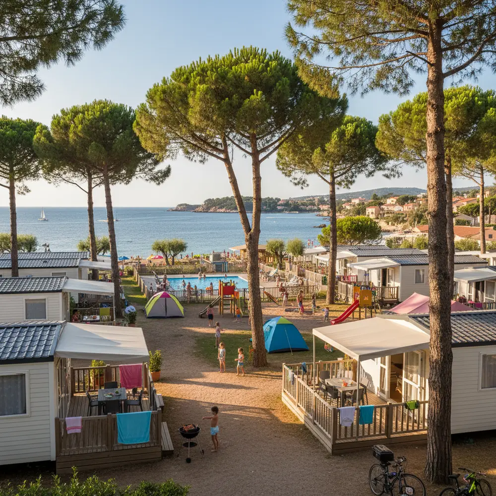 Camping bord de mer Côte d'Azur tentes et mobil-homes face à la Méditerranée