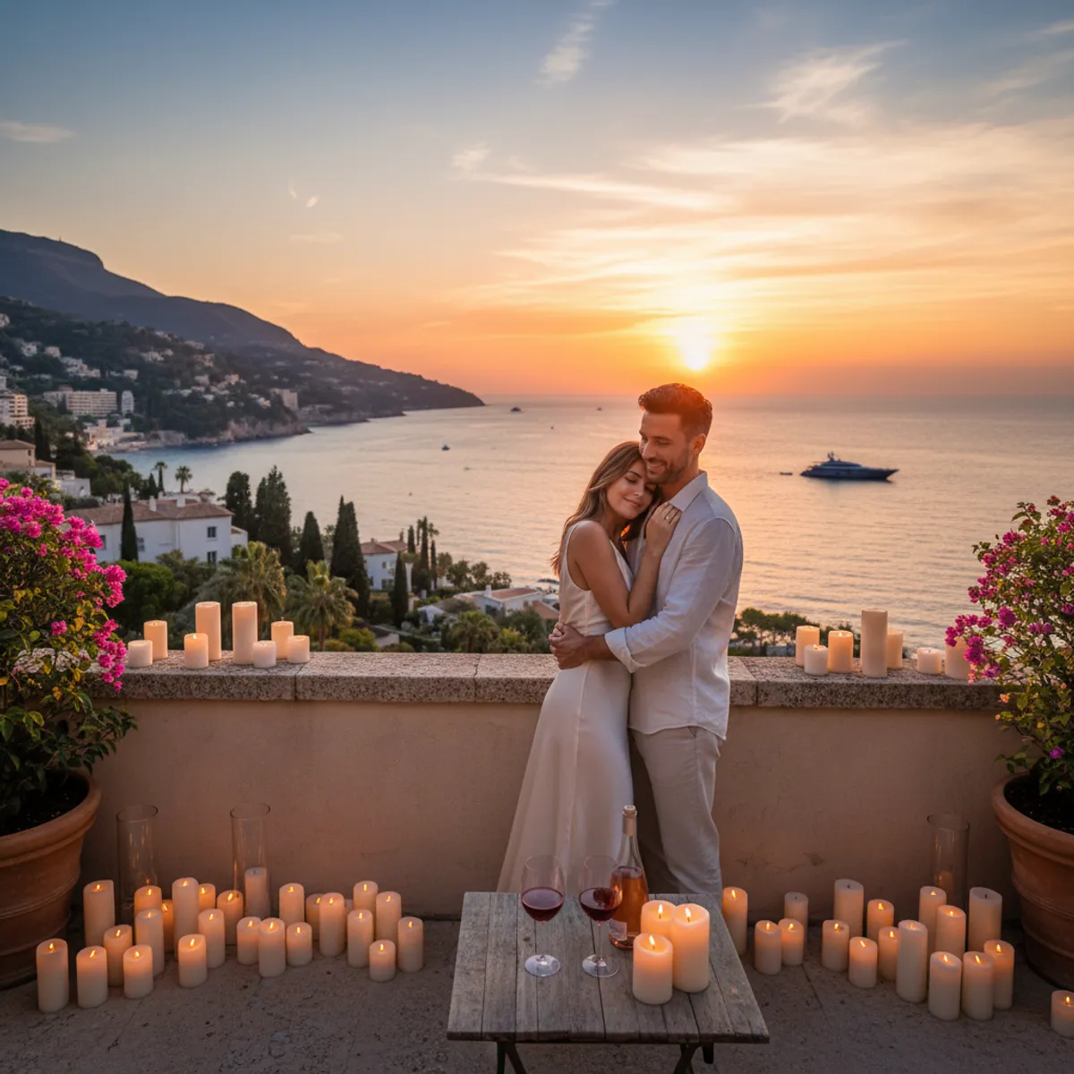 Couple romantique sur terrasse face à la Méditerranée Côte d'Azur coucher de soleil